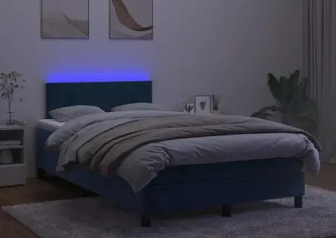 Pat cu arcuri, saltea și LED, albastru, 120x200 cm, catifea - 4/5
