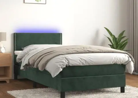 Pat cu arcuri, saltea și LED, verde, 90x200 cm, catifea - 1/5