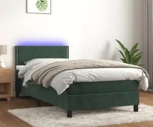vidaXL Pat cu arcuri, saltea și LED, verde, 90x200 cm, catifea