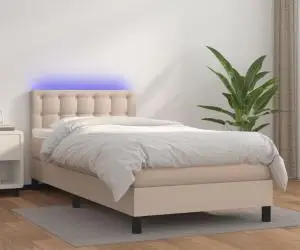 vidaXL Pat cu arcuri, cu saltea și LED cappuccino 90x190 cm, piele eco
