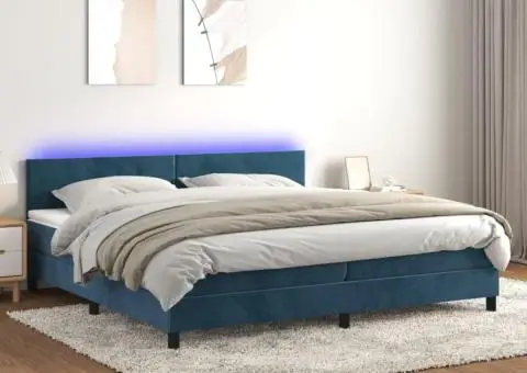 Pat cu arcuri, saltea și LED, bleumarin, 200x200 cm, catifea - 1/5