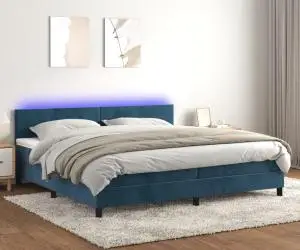 vidaXL Pat cu arcuri, saltea și LED, bleumarin, 200x200 cm, catifea