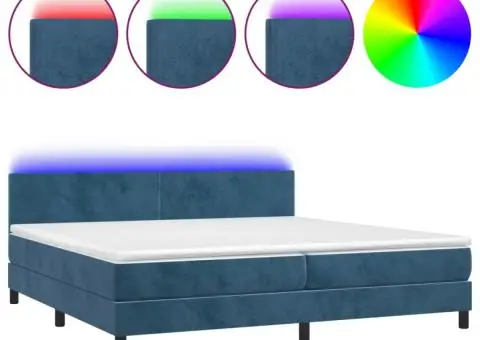 Pat cu arcuri, saltea și LED, bleumarin, 200x200 cm, catifea - 2/5
