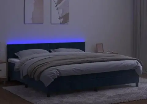 Pat cu arcuri, saltea și LED, bleumarin, 200x200 cm, catifea - 3/5