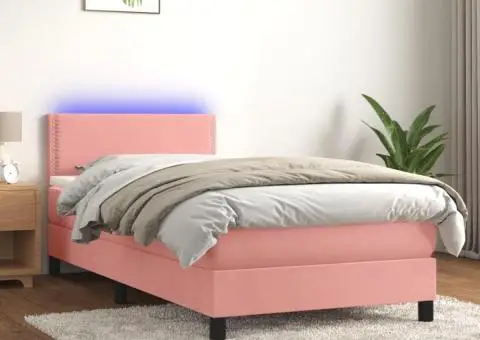 Pat cu arcuri, saltea și LED, negru, 90x200 cm, catifea - 1/5