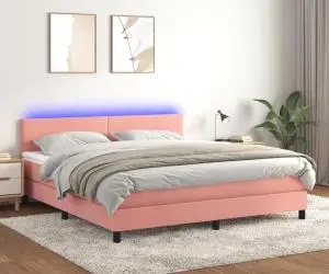 vidaXL Pat continental cu saltea & LED, roz, 120x200 cm, catifea