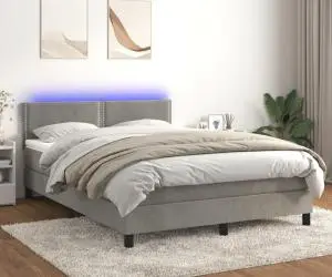 vidaXL Pat cu arcuri, saltea și LED, gri deschis, 140x200 cm, catifea
