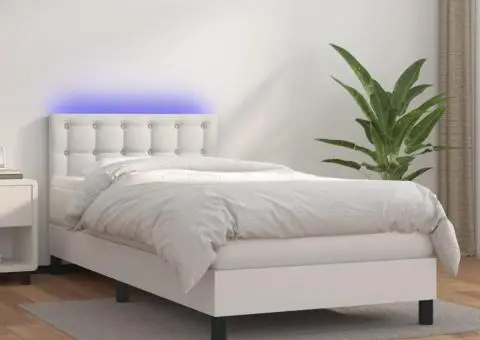 Pat continental cu saltea & LED, alb, 80x200 cm, piele eco - 1/5