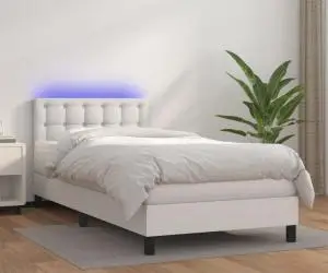 vidaXL Pat continental cu saltea & LED, alb, 80x200 cm, piele eco