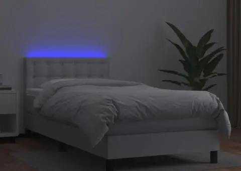 Pat continental cu saltea & LED, alb, 80x200 cm, piele eco - 4/5