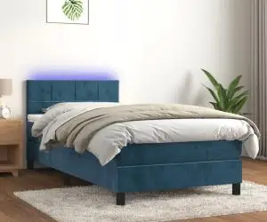 vidaXL Pat cu arcuri, saltea și LED, bleumarin, 100x200 cm, catifea