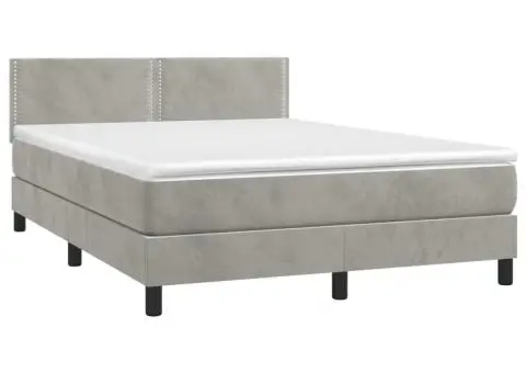 Pat continental cu saltea și LED gri deschis 140x190 cm catifea - 4/5