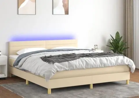 Pat cu arcuri, saltea și LED, crem, 180x200 cm, textil - 1/5