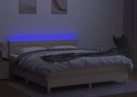 Pat cu arcuri, saltea și LED, crem, 180x200 cm, textil - 4/5