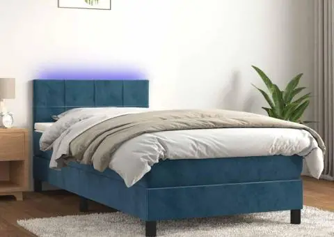 Pat cu arcuri, saltea și LED, bleumarin, 90x190 cm, catifea - 1/5