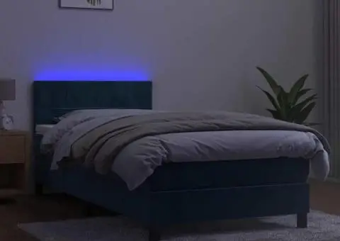 Pat cu arcuri, saltea și LED, bleumarin, 90x190 cm, catifea - 3/5