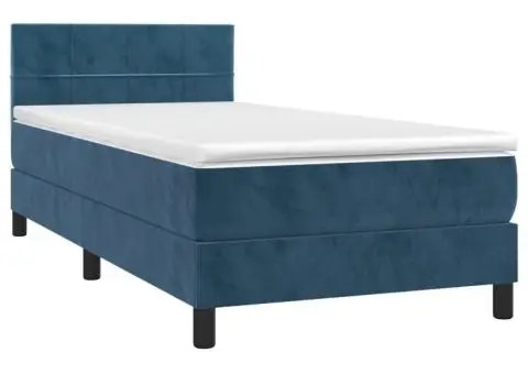 Pat cu arcuri, saltea și LED, bleumarin, 90x190 cm, catifea - 4/5