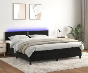 vidaXL Pat cu arcuri, saltea și LED, negru, 160x200 cm, catifea