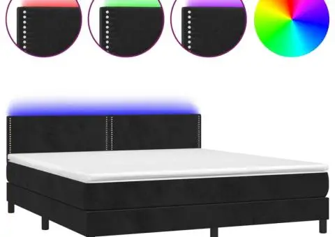 Pat cu arcuri, saltea și LED, negru, 160x200 cm, catifea - 2/5