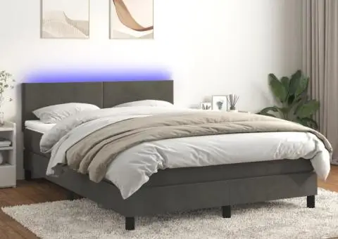 Pat cu arcuri, saltea și LED, gri închis, 140x190 cm, catifea - 1/5