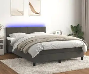 vidaXL Pat cu arcuri, saltea și LED, gri închis, 140x190 cm, catifea