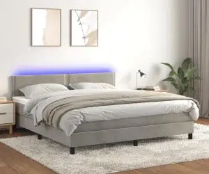 vidaXL Pat cu arcuri, saltea și LED, gri deschis, 160x200 cm, catifea