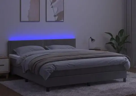 Pat cu arcuri, saltea și LED, gri deschis, 160x200 cm, catifea - 3/5