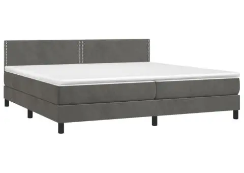 Pat cu arcuri, saltea și LED, gri închis, 200x200 cm, catifea - 4/5