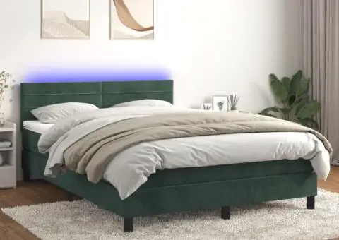 Pat cu arcuri, saltea și LED, verde închis, 140x190 cm, catifea - 1/5