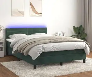 vidaXL Pat cu arcuri, saltea și LED, verde închis, 140x190 cm, catifea