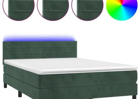 Pat cu arcuri, saltea și LED, verde închis, 140x190 cm, catifea - 2/5