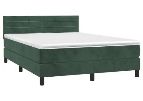 Pat cu arcuri, saltea și LED, verde închis, 140x190 cm, catifea - 3/5