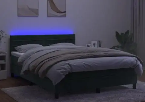 Pat cu arcuri, saltea și LED, verde închis, 140x190 cm, catifea - 4/5