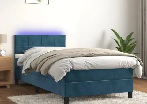 Pat cu arcuri, saltea și LED, bleumarin, 90x200 cm, catifea - 1/5