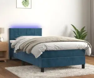 vidaXL Pat cu arcuri, saltea și LED, bleumarin, 90x200 cm, catifea