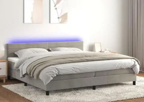 Pat cu arcuri, saltea și LED, gri deschis, 200x200 cm, catifea - 1/5