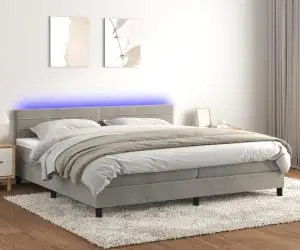 vidaXL Pat cu arcuri, saltea și LED, gri deschis, 200x200 cm, catifea