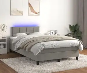 vidaXL Pat cu arcuri, saltea și LED, gri deschis, 120x200 cm, catifea