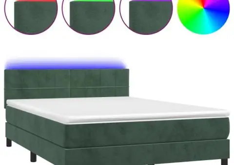 Pat cu arcuri, saltea și LED, verde închis, 140x200 cm, catifea - 2/5