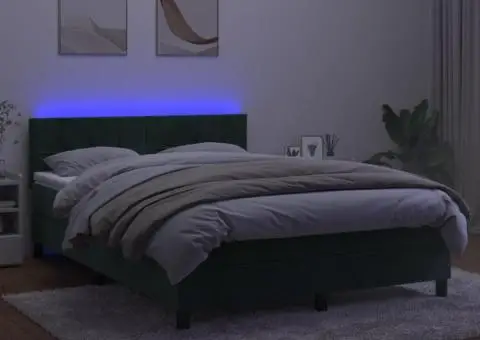 Pat cu arcuri, saltea și LED, verde închis, 140x200 cm, catifea - 3/5