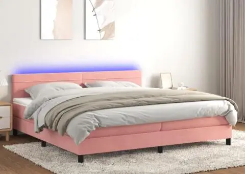 Pat continental cu saltea & LED, roz, 200x200 cm, catifea - 1/5