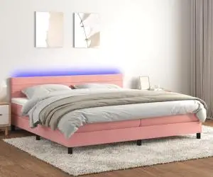 vidaXL Pat continental cu saltea & LED, roz, 200x200 cm, catifea