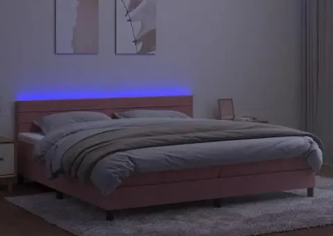 Pat continental cu saltea & LED, roz, 200x200 cm, catifea - 4/5