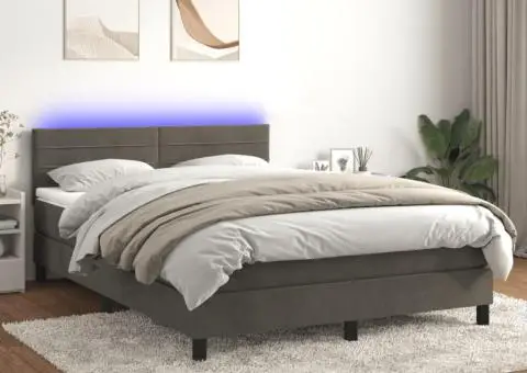 Pat cu arcuri, saltea și LED, gri închis, 140x190 cm, catifea - 1/5