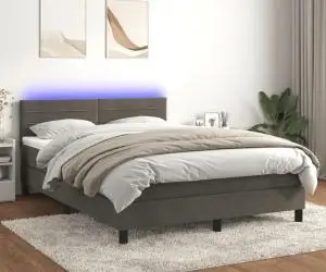 vidaXL Pat cu arcuri, saltea și LED, gri închis, 140x190 cm, catifea