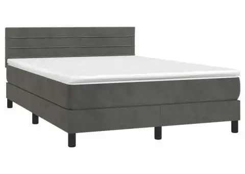 Pat cu arcuri, saltea și LED, gri închis, 140x190 cm, catifea - 3/5