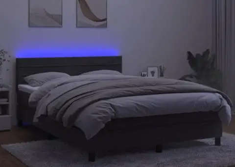 Pat cu arcuri, saltea și LED, gri închis, 140x190 cm, catifea - 4/5