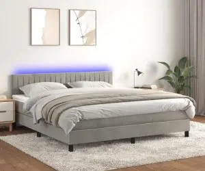 vidaXL Pat cu arcuri, saltea și LED, gri deschis, 160x200 cm, catifea