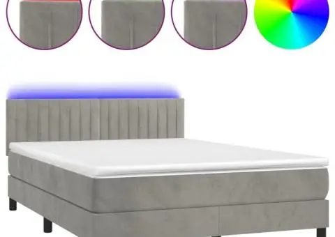 Pat continental cu saltea și LED gri deschis 140x190 cm catifea - 2/5