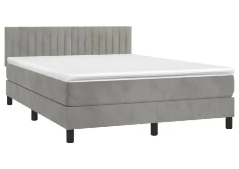 Pat continental cu saltea și LED gri deschis 140x190 cm catifea - 3/5